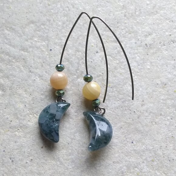 Dark Green Moss Agate Moons + Citrine Beads ~ Unique & Handmade Dangle Earrings - Picture 2 of 12